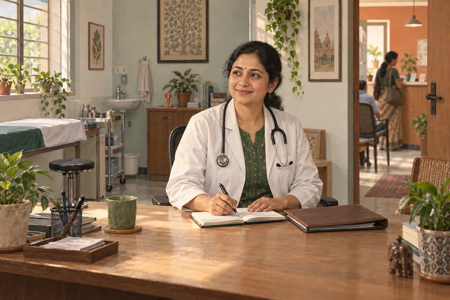 Illustrative scene of an Indian doctor preparing practice details in her clinic