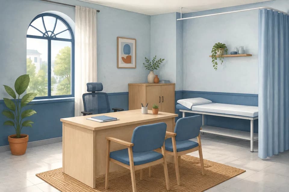 Illustration of a doctor and patient meeting in a clinic