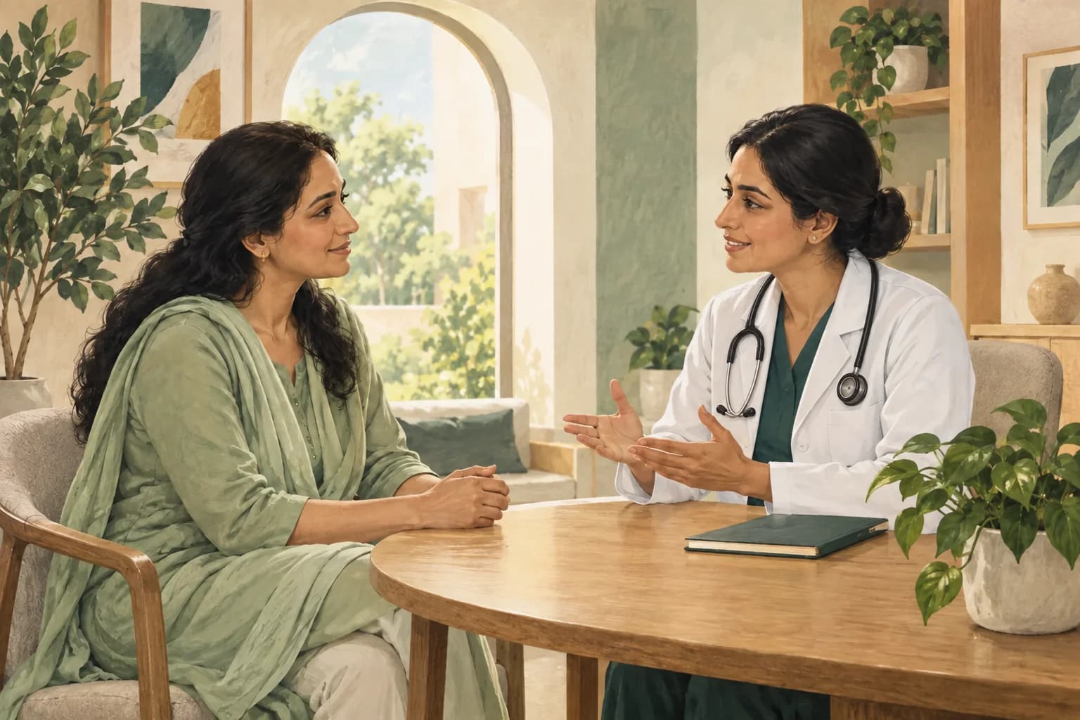 Illustration of a patient talking with a doctor in a clinic