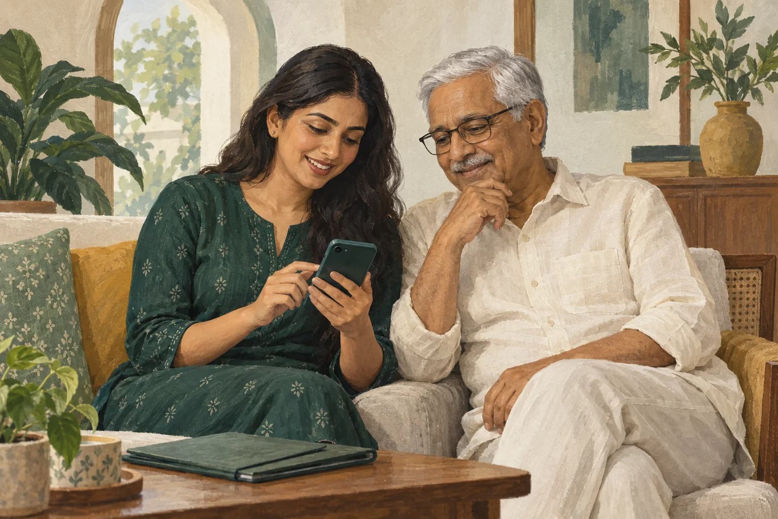Illustration of an adult daughter helping her father check a phone