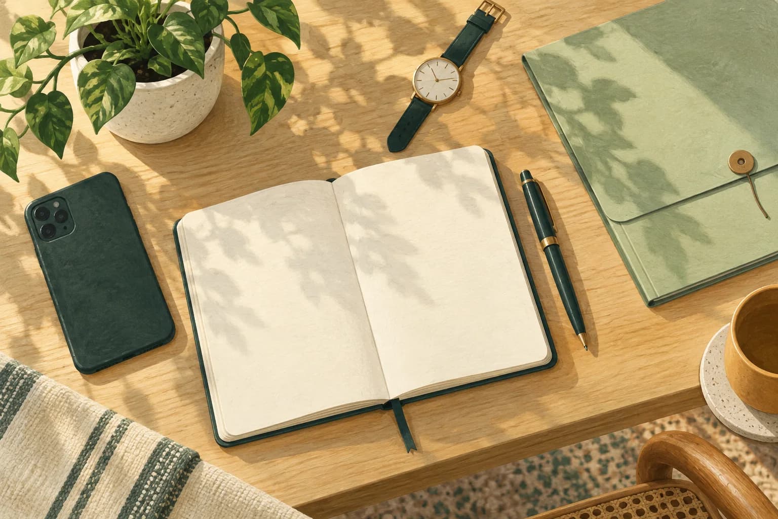 Illustration of a notebook, document folder, phone and watch on a table